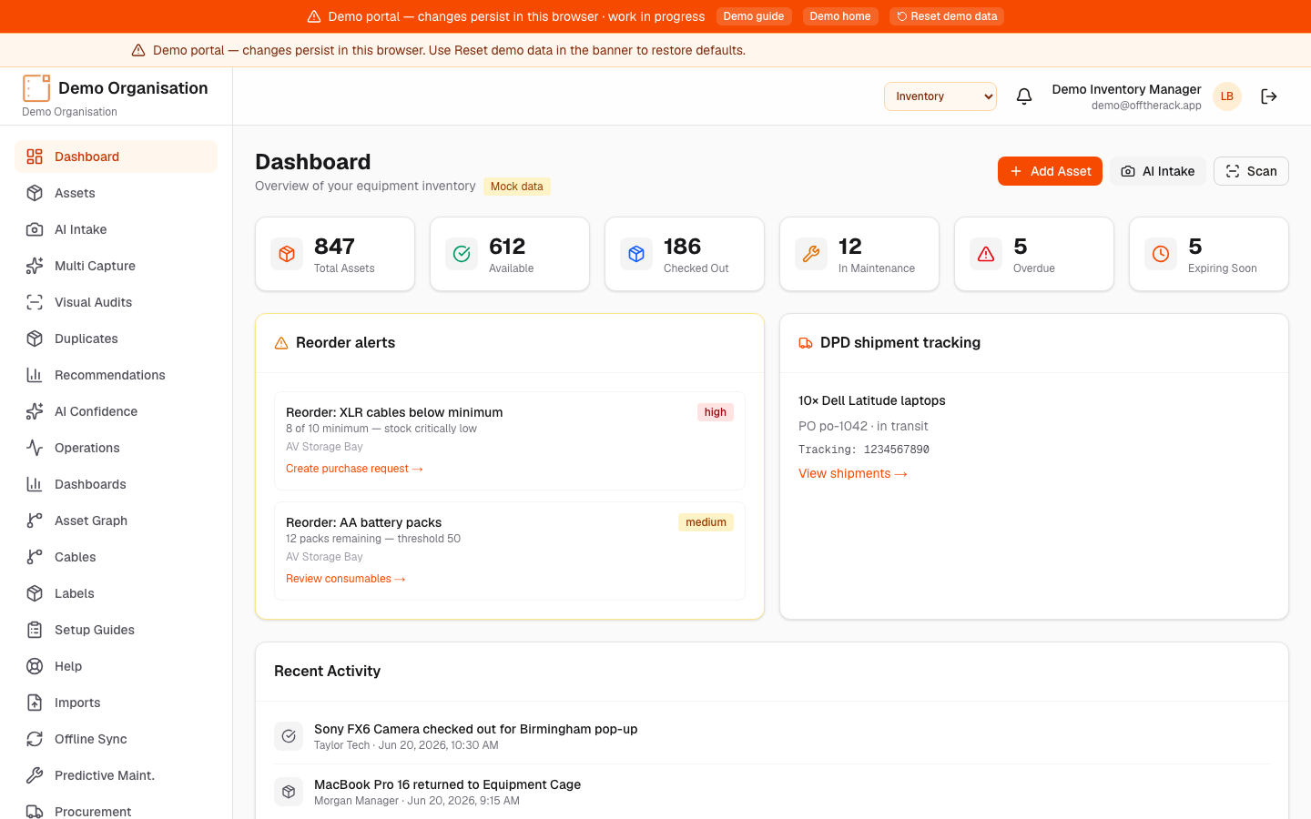 Off The Rack main dashboard from the live demo app