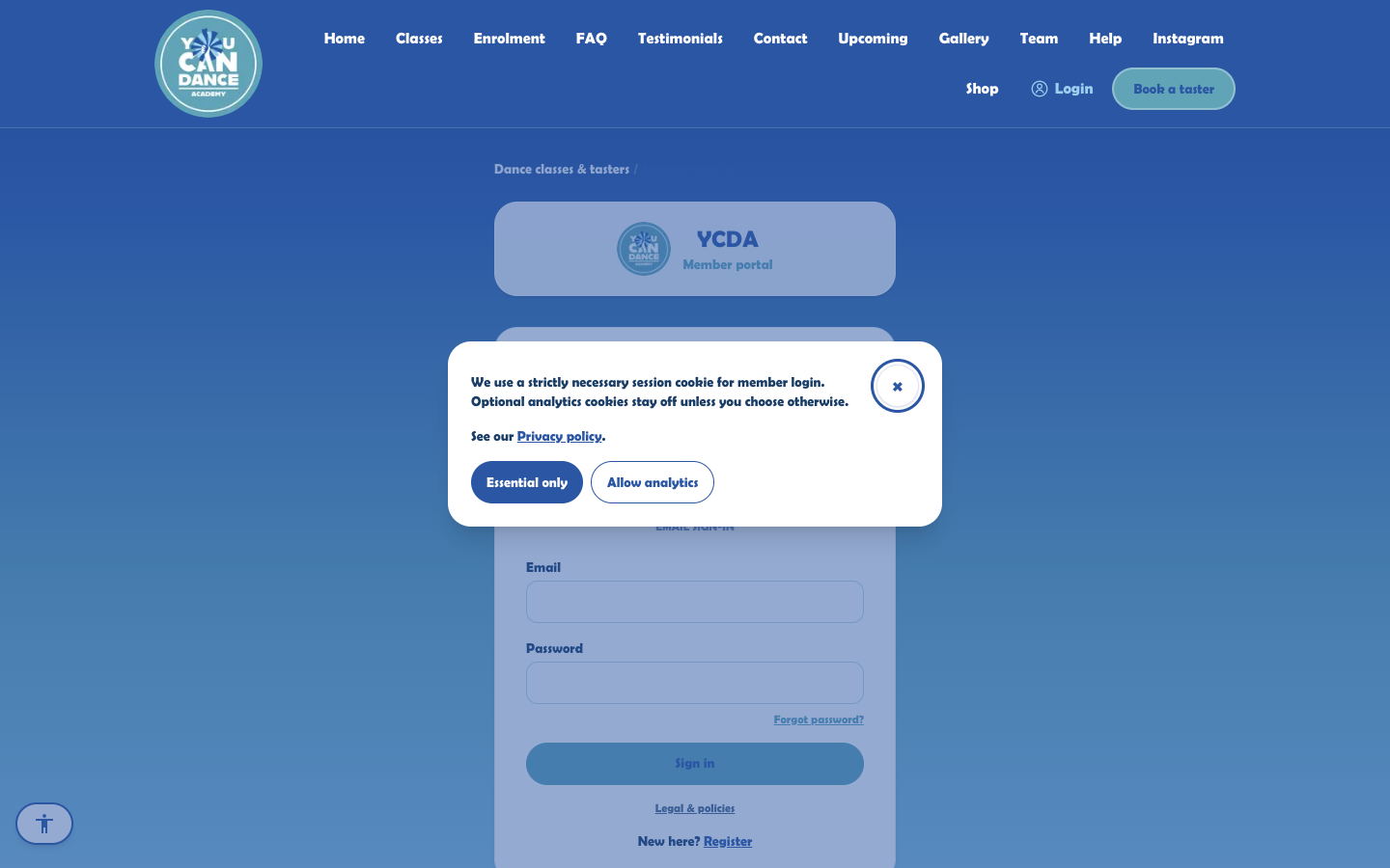 You Can Dance Academy member portal login screenshot